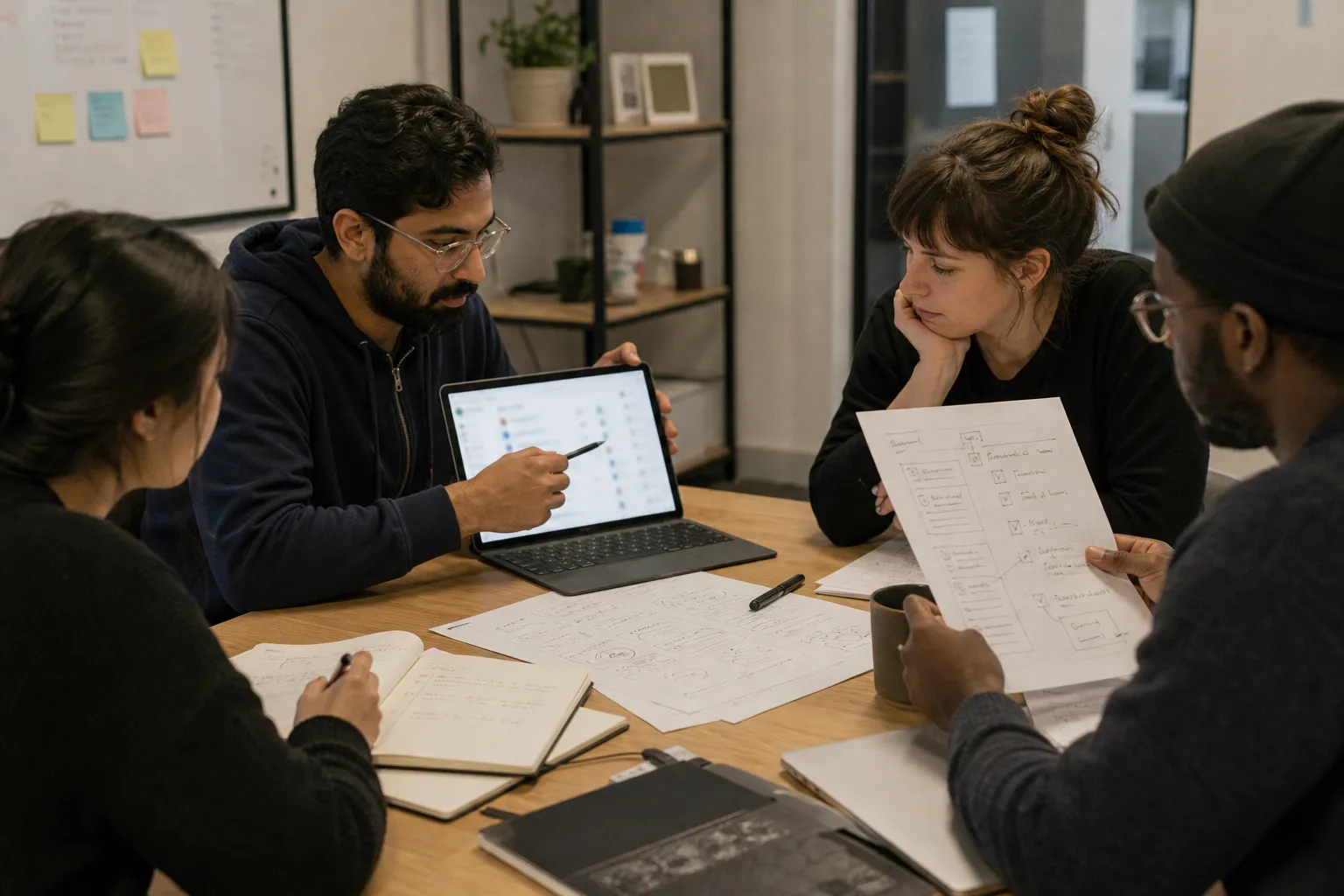 Small team reviewing an AI-assisted workflow handoff with notes and QA checkpoints