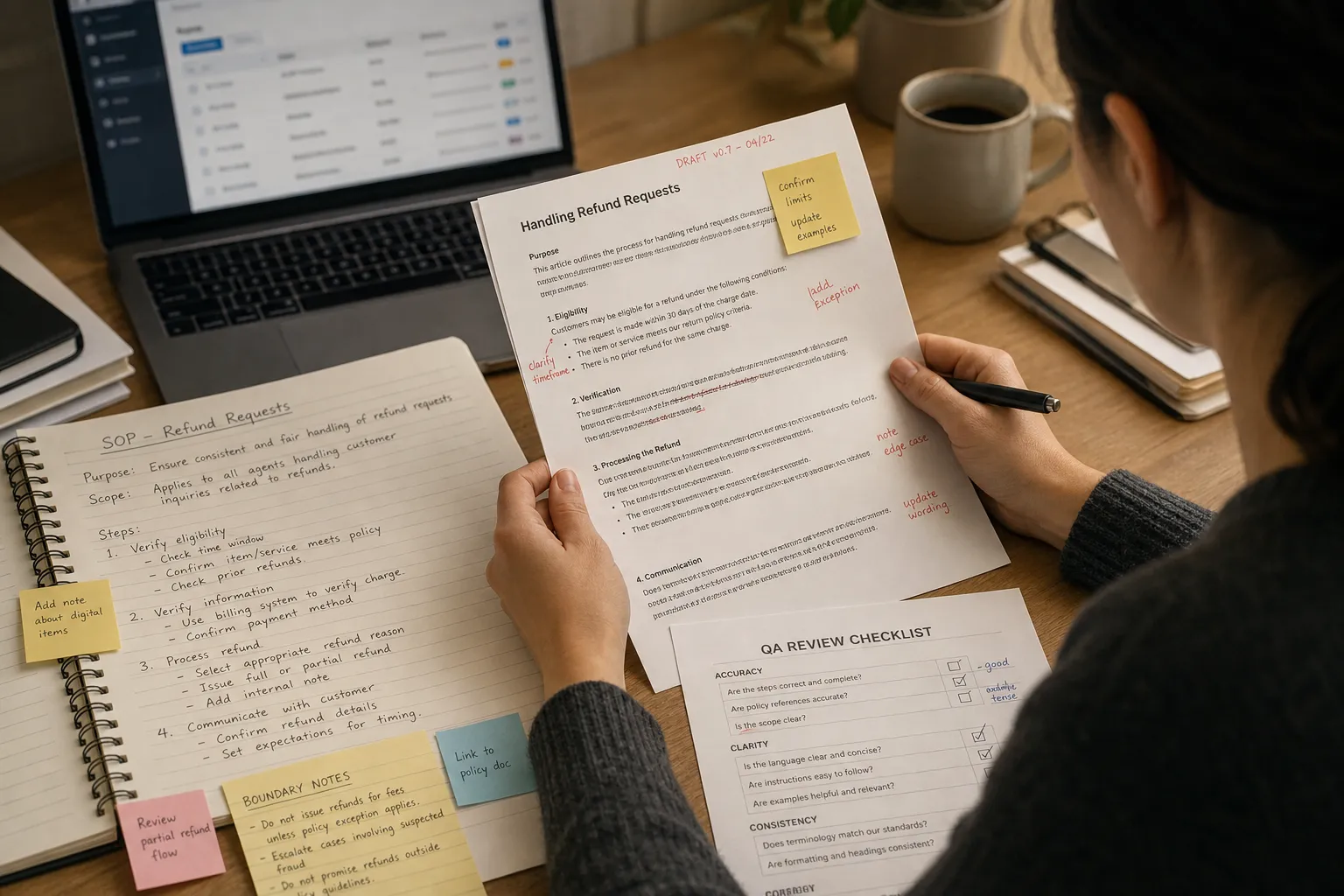 Annotated workflow draft and review notes used to check an editorial policy page