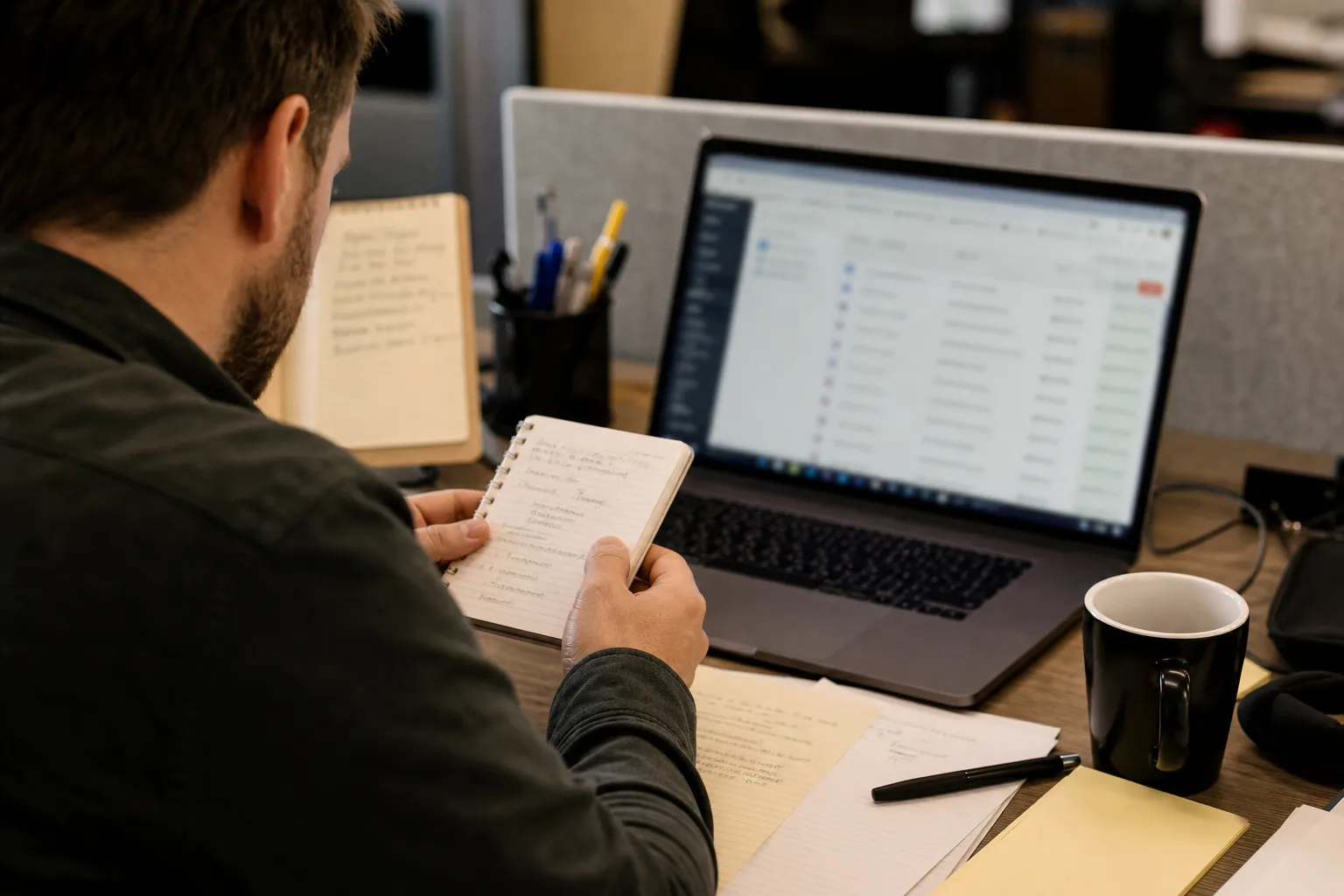 Reader reviewing support notes beside a small-team workflow screen