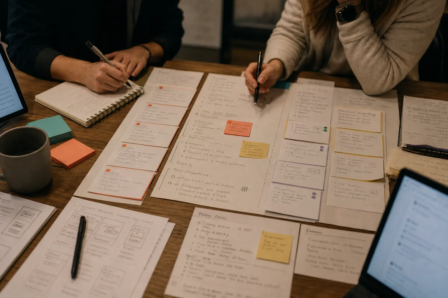 Small-team workflow topic notes arranged beside a support queue and review markers